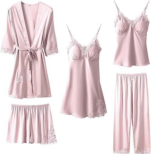 Women's Silk Satin Pajamas Set 5 Pcs