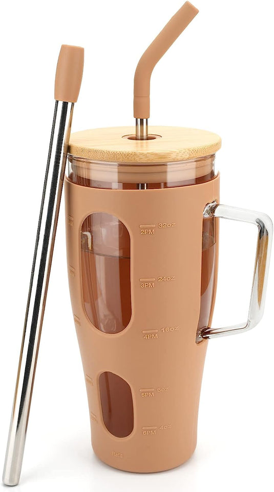 40 oz Glass Tumbler with Bamboo Lid and Straw