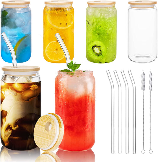 6PCS SET Drinking Glasses with Lids and Straws