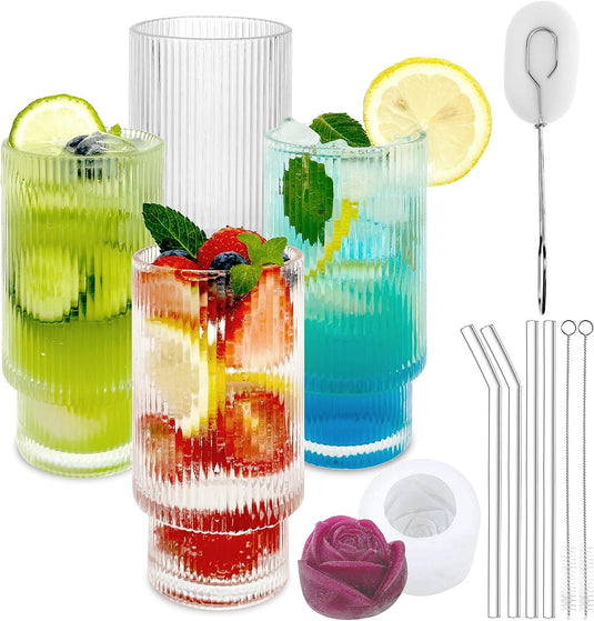 12oz Ribbed Glasses with Straws & Rose Ice Mold